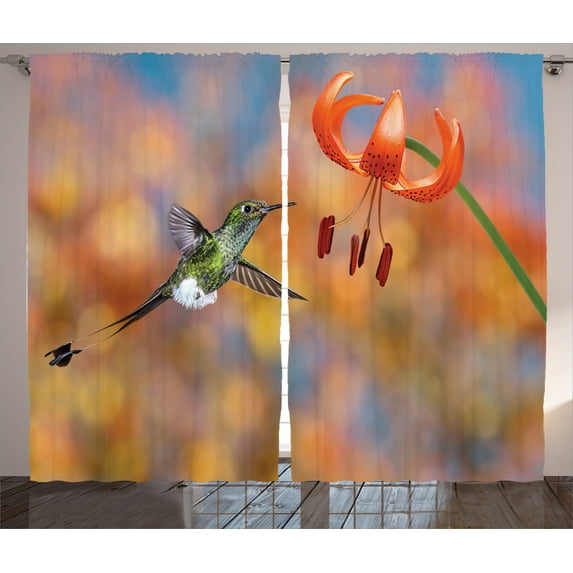 Ambesonne Bird Curtains 2 Panel Set, Racket Tail Lily Nectar, 108" x 90", Orange Green