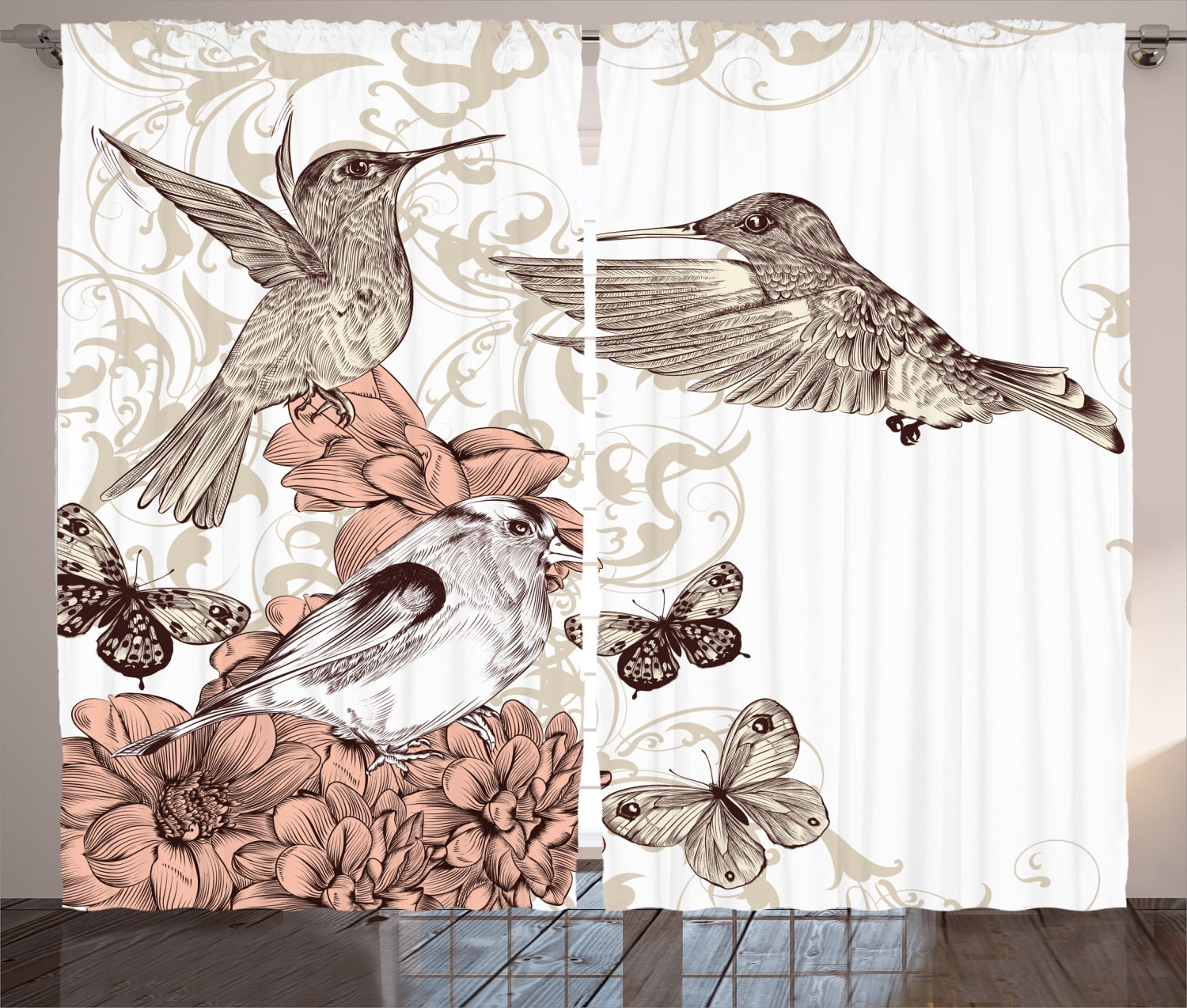 Hummingbirds Decorations Curtains 2 Panels Set, Vintage Style Artwork