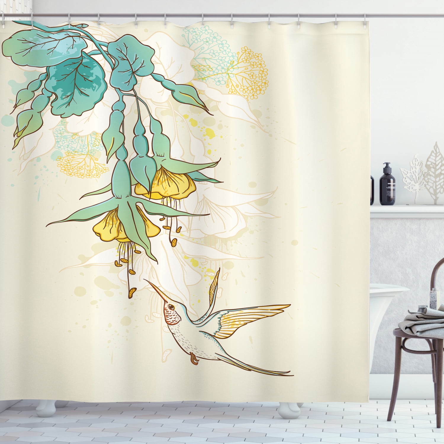 Hummingbirds Decorations Shower Curtain Set, Hummingbird And Tropical Flowers Summertime Stylized Exotic Plant Nature Art, Bathroom Accessories, 69W X 70L Inches, By Ambesonne