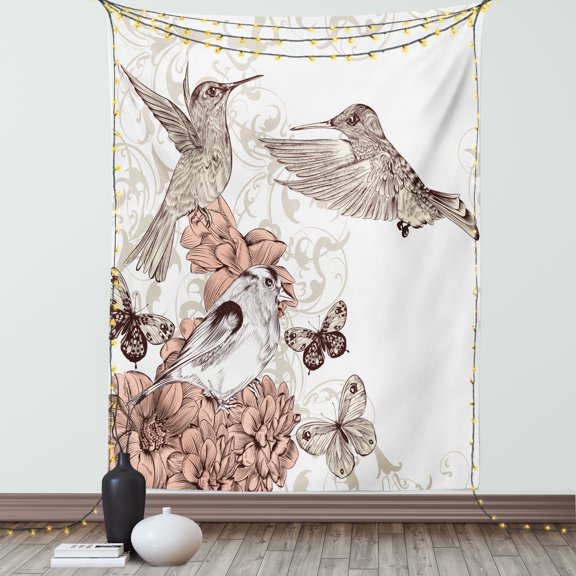 Hummingbirds Decorations Wall Hanging Tapestry, Vintage Style Artwork with Birds Butterflies on Blossoms Ornamental Background, Bedroom Living Room Dorm Accessories, 60 X 80 Inches, by Ambesonne