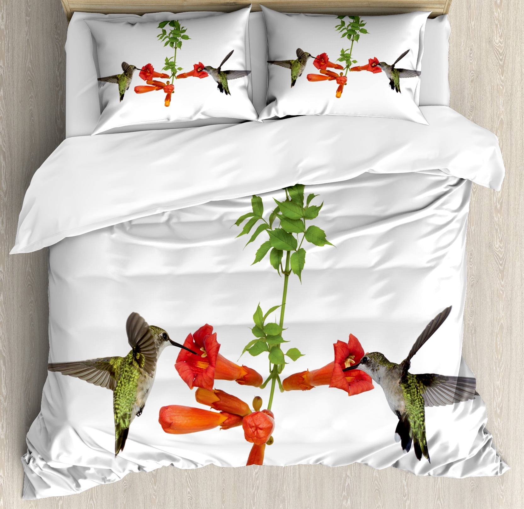 Hummingbirds Duvet Cover Set, 2 Hummingbirds Sipping Nectar from a