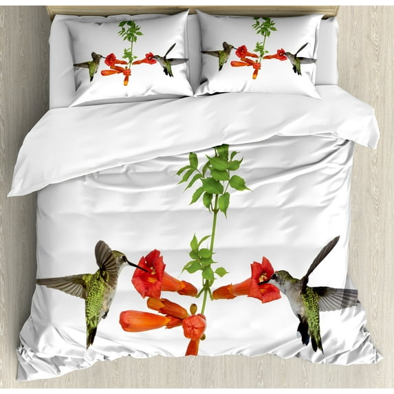Hummingbirds Duvet Cover Set, 2 Hummingbirds Sipping Nectar from a Trumpet Vine Blossoms Summertime, Decorative 3 Piece Bedding Set with 2 Pillow Shams, Queen Size, Red Black Green, by Ambesonne
