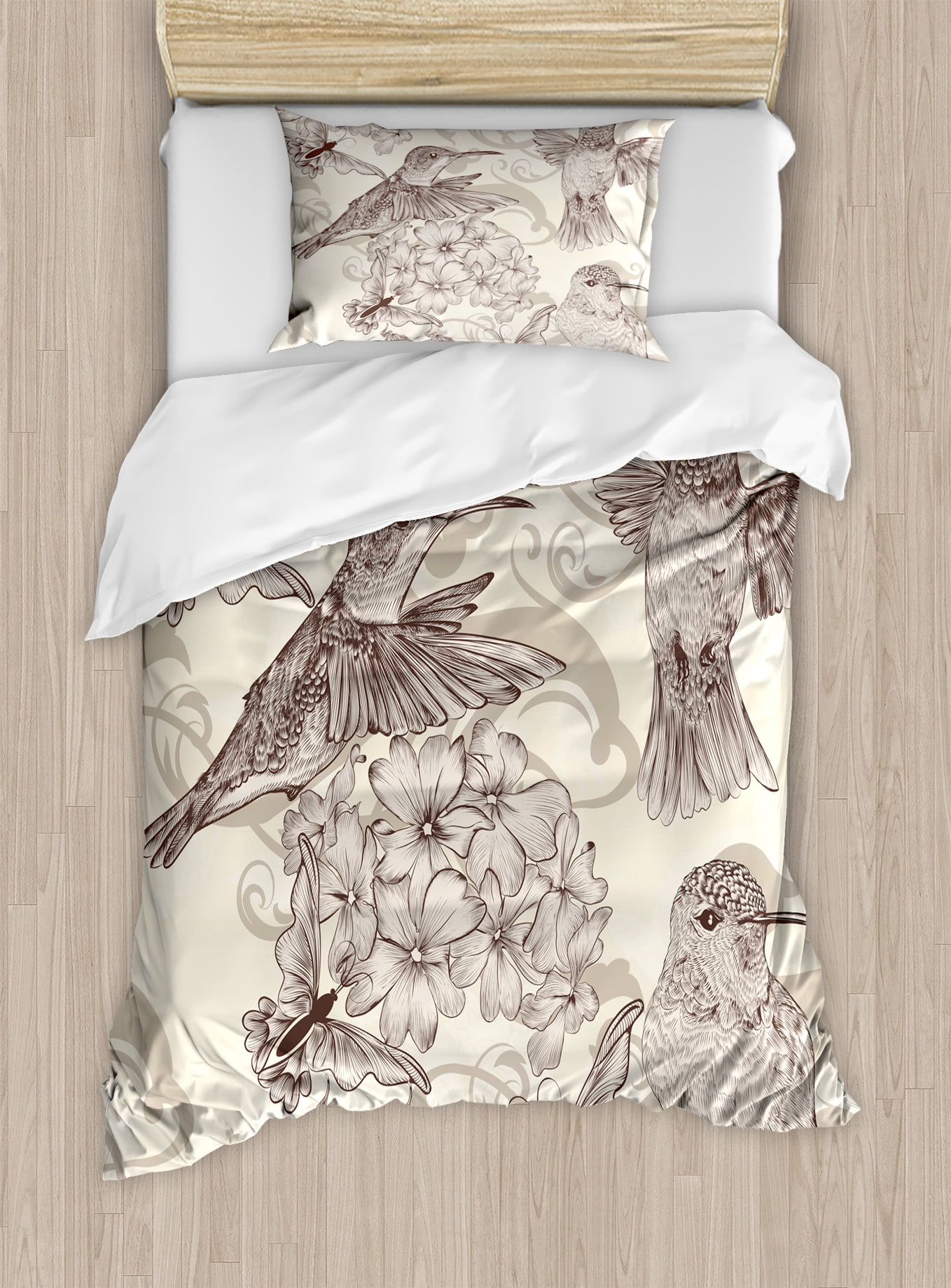 Twin Cream Beige Brown Hummingbird Floral Duvet Cover Set