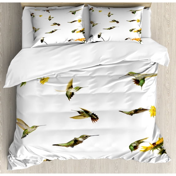 Hummingbirds Duvet Cover Set, Illustration of Hummingbirds in Motion and at Rest Sunflowers Summer, Decorative 3 Piece Bedding Set with 2 Pillow Shams, Queen Size, Green Yellow Beige, by Ambesonne
