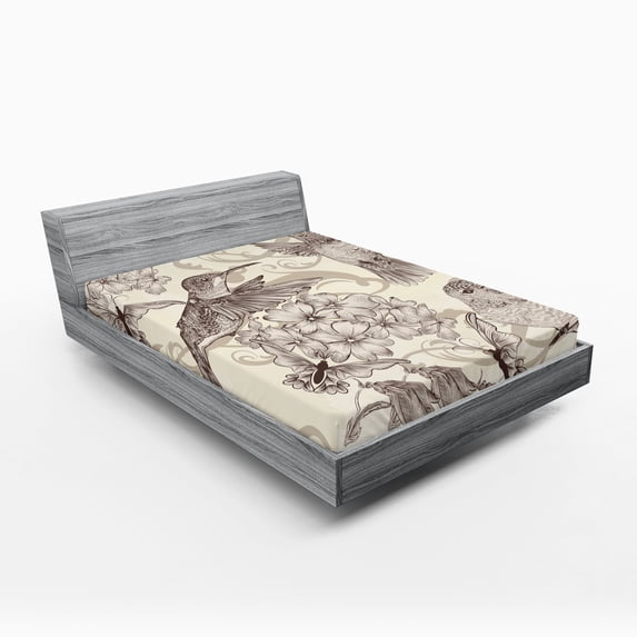 Hummingbirds Fitted Sheet, Birds and Flowers Monochromic Classical Design Nostalgia Ornate, Decorative Soft Bedding All-round Elastic Pocket, Queen Size, Cream Beige Brown, by Ambesonne