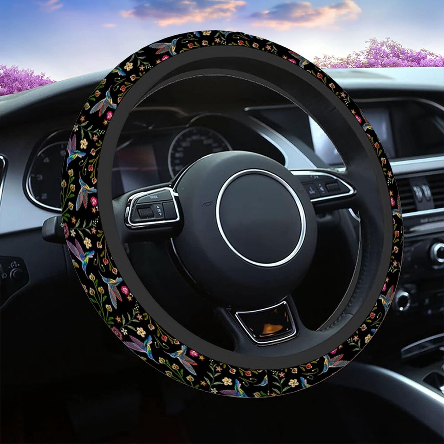 Hummingbirds and Flower Car Steering Wheel Covers for Men Women,Hummingbirds Flowers Embroidery Car Accessories Decor 15" Steering Wheel Cushions Comfort Grip Neoprene Stretch-On Anti-Slip Case