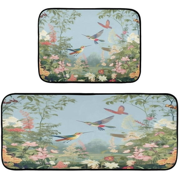 Hummingbirds Flowers Anti Fatigue Mats for Kitchen Floor,Set of 2 Non Skid Washable Waterproof Anti Kitchen Floor Mats for Kitchen Office Laundry Room Bathroom (19"x27"+19"x47") Home Decor