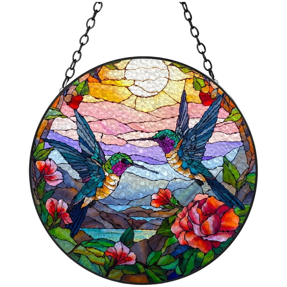 Hummingbirds Flowers Scenery Stained Glass Suncatcher Window Hangings Colored Handmade Glass Suncatcher Crafts Kits for Indoor Garden Christmas Decoration 16x16cm(10)