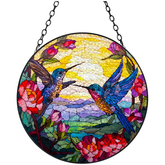 Hummingbirds Flowers Scenery Stained Glass Suncatcher Window Hangings Colored Handmade Glass Suncatcher Crafts Kits for Indoor Garden Christmas Decoration 16x16cm(5)