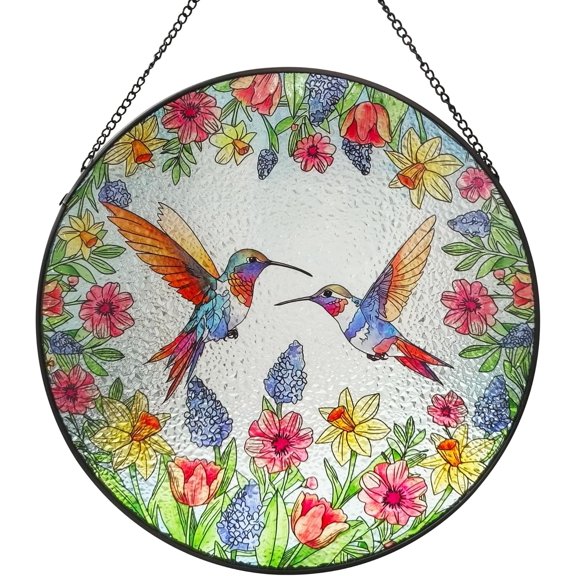 Hummingbirds and Flowers Stained Glass for Windows, Hand-Painted Hummingbird in Flower Stained Glass Window Hanging for Cafe Home Decor, Bird Lover Gift (Purple)