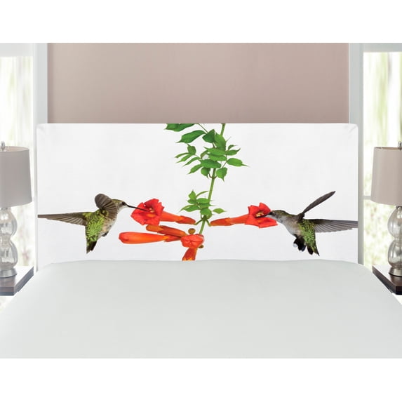 Hummingbirds Headboard, 2 Hummingbirds Sipping Nectar from a Trumpet Vine Blossoms Summertime, Upholstered Decorative Metal Bed Headboard with Memory Foam, Full Size, Red Black Green, by Ambesonne