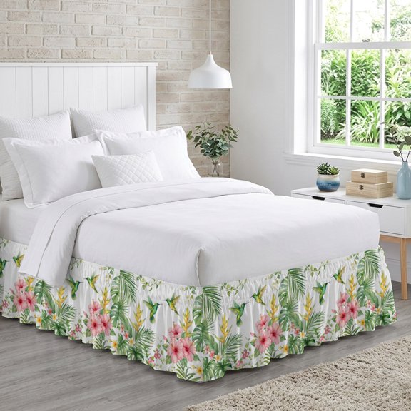 Hummingbirds Hibiscus Bed Skirt Queen Size 16 Inch Drop, Birds Botanical Tropical Plant Adjustable Elastic Dust Ruffles Bedskirt for Queen Bed Wrap Around Pleated Mattress Frame Cover
