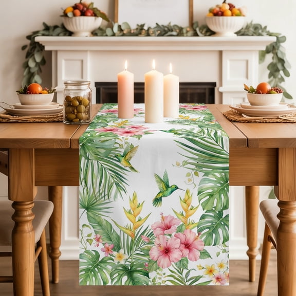 Hummingbirds Hibiscus Dining Table Runner, Birds Botanical Tropical Plant Washable Table Runners Kitchen Coffee Table Center Decor for Home Party Holiday Wedding 13 x 36 Inches