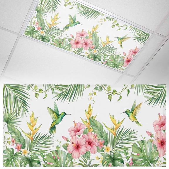 Hummingbirds Hibiscus Fluorescent Light Covers Birds Botanical Tropical Plant Magnetic Light Filters Ceiling Lighting Panel Shade for Classroom Office Home 2 x 4 ft, 1 Pack