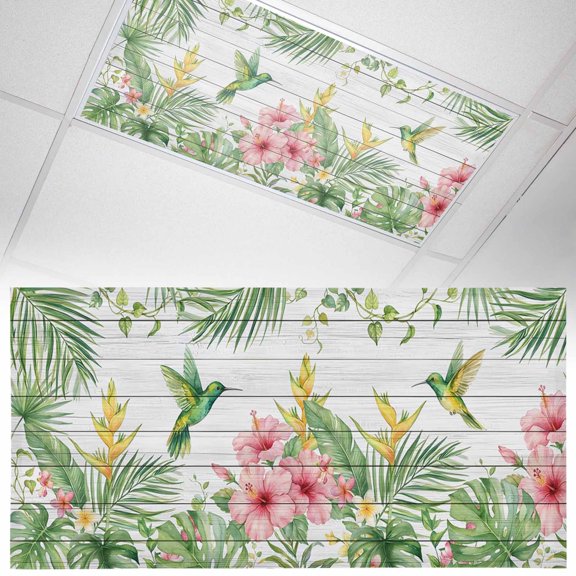 Hummingbirds Hibiscus Fluorescent Light Covers Birds Botanical Tropical Plant Wood Grain Magnetic Light Filters Ceiling Lighting Panel Shade for Classroom Office Home 2 x 4 ft, 1 Pack