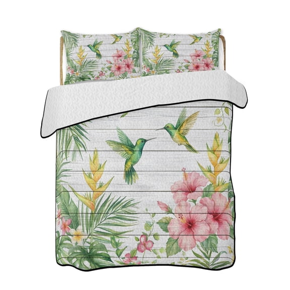 Hummingbirds Hibiscus Quilts Bedding Set California King Birds Botanical Tropical Plant Wood Grain Lightweight Quilted Bedspread 3 Piece Bed Quilt with 2 Pillow Shams for Bedroom 96" x 106"