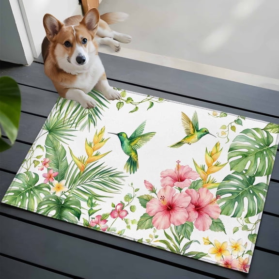 Hummingbirds Hibiscus Washable Entry Rug 2x3 Birds Botanical Tropical Plant Low Pile Indoor Door Mat with Rubber Backing Thin Area Rug for for Entrance, Bedroom, Kitchen, Laundry, Bathroom