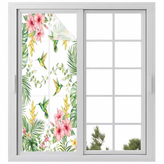 Hummingbirds Hibiscus Window Privacy Film, Birds Botanical Tropical Plant Frosted Glass Window Clings Static Cling UV Heat Blocking Reusable Door Sticker for Bathroom 23.6 x 59 Inch