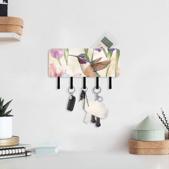 Hummingbirds Irises Key Holder for Wall Mail Holder Organizer with 5 Key Hooks Wall Mount Key Rack with Shelf