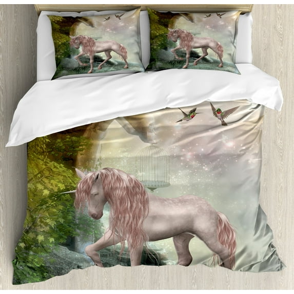 Hummingbirds King Size Duvet Cover Set, Unicorn Green Spring Leaves Birds Twinkling Star Moon Mystic Fantasy Fairytale, Decorative 3 Piece Bedding Set with 2 Pillow Shams, Multicolor, by Ambesonne
