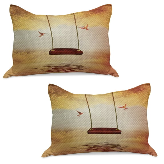 Hummingbirds Knitted Quilt Pillowcover Set of 2, Red Hammock and Hummingbird in a Peaceful Lake Fantasy Scene, Standard Queen Pillow Sham Bedroom, 30" x 20", Orange Burgundy, by Ambesonne