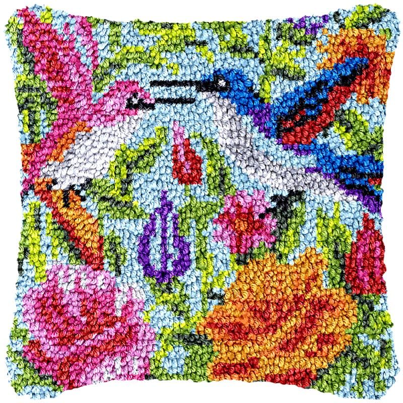 Hummingbirds Latch Hook Pillow Cover Kits for DIY Handmade Throw Pillow Cross Stitch Latch Hook Pillowcase Rug Kits with Preprinted Color Pattern Canvas Crochet Yarn Kits 17''X 17''(fv167)