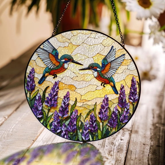 Hummingbirds Lavender Field Glass Suncatcher, Floral Bird Window Art, for Mom, 7.9 in