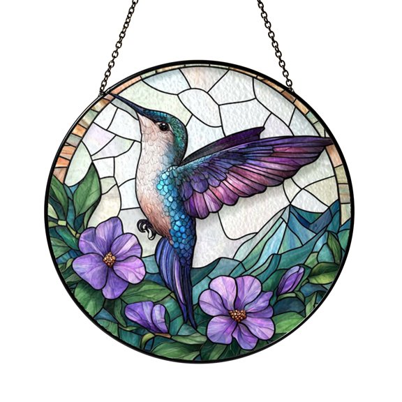 Hummingbirds Lavender Stained Glass Suncatcher Botanical Bird Scene Window Decor Hanging Gift for Flower Lovers