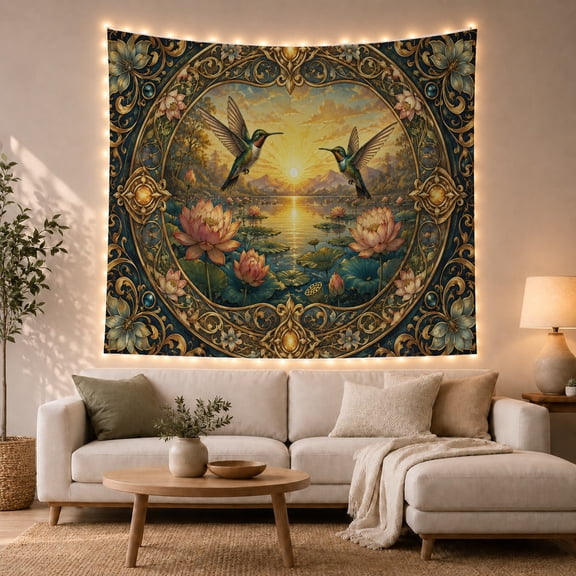 Hummingbirds Over Lotus Pond in a Tranquil Setting, Romantic Vintage for Nature Lovers, Ornate Botanical Wall Decor, Birthday Gift, Tapestry Wall Hanging for Bedroom and Living Room