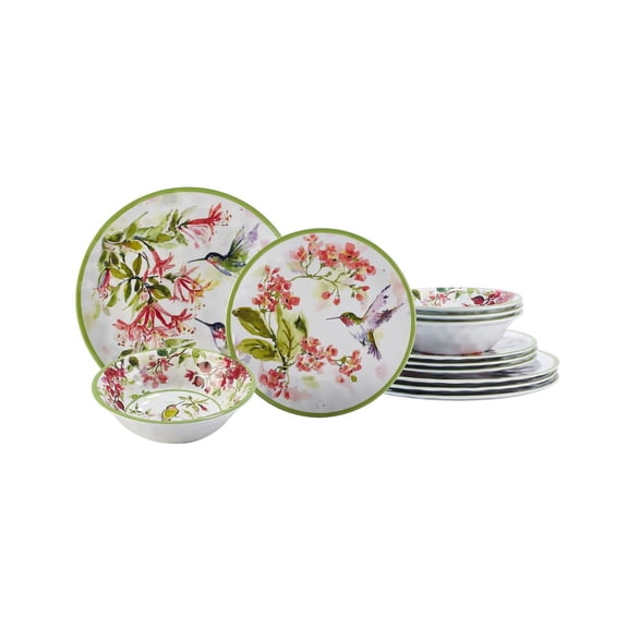 Hummingbirds Melamine 12-Piece Dinnerware Set, Service for 4, Floral Design