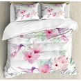thumbnail image 1 of Hummingbirds Queen Size Duvet Cover Set, Tropical Flowers with Flying Hummingbirds Wild Nature Blooms, Decorative 3 Piece Bedding Set with 2 Pillow Shams, Pale Pink Pale Green Purple, by Ambesonne, 1 of 3