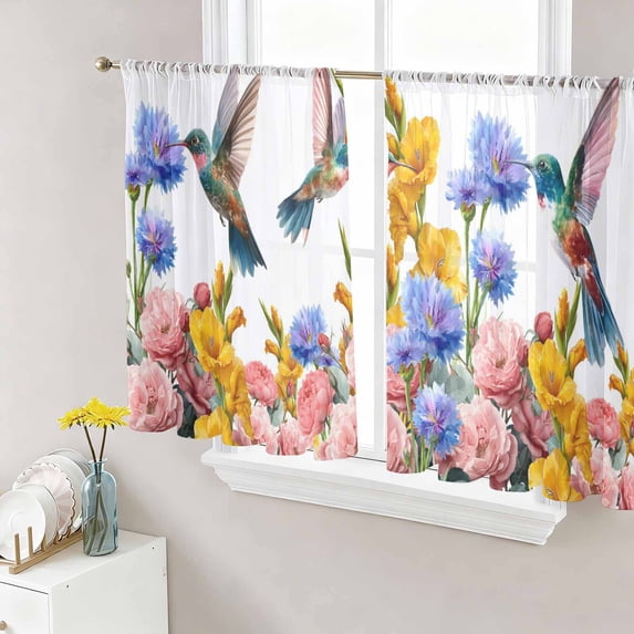 Hummingbirds Sheer Curtains 45 Inch Length 2 Panels Set Window Treatments, Spring Summer Watercolor Flowers Plant Rod Pocket Semi Curtains for Living Room/Bedroom/Kitchen Décor, 104"W x 45"L