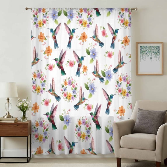 Hummingbirds Sheer Curtains 45 Inches Long, Spring Flowers Leaf Plant Light Filering Curtains, Breathable Simi Curtain Privacy Drapes for Kitchen Bathroom Lightweight Small Window Treatment