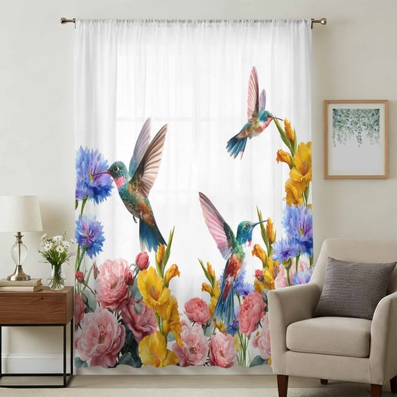 Hummingbirds Sheer Curtains 63 Inches Long, Spring Summer Watercolor Flowers Plant Light Filering Curtains, Breathable Simi Curtain Privacy Drapes for Living Room Bedroom Lightweight Window Treatment