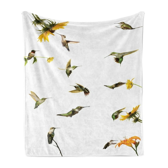 Hummingbirds Soft Flannel Fleece Blanket, Illustration of Hummingbirds in Motion and at Rest Sunflowers Summer, Cozy Plush for Indoor and Outdoor Use, 50" x 70", Green Yellow Beige, by Ambesonne
