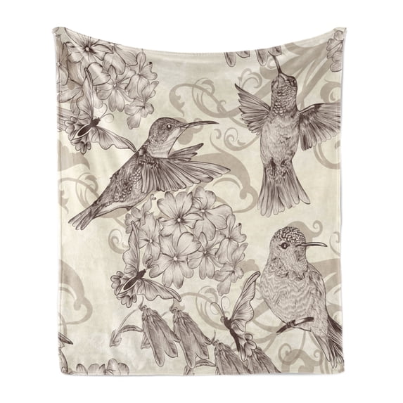 Hummingbirds Soft Flannel Fleece Throw Blanket, Birds and Flowers Monochromic Classical Design Nostalgia Ornate, Cozy Plush for Indoor and Outdoor Use, 60" x 80", Cream Beige Brown, by Ambesonne