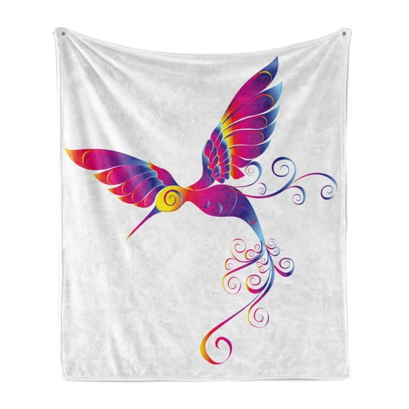 Hummingbirds Soft Flannel Fleece Throw Blanket, Colorful Feather Hummingbird Curvy Tail Ornament, Cozy Plush for Indoor and Outdoor Use, 60" x 80", Magenta Blue Yellow, by Ambesonne
