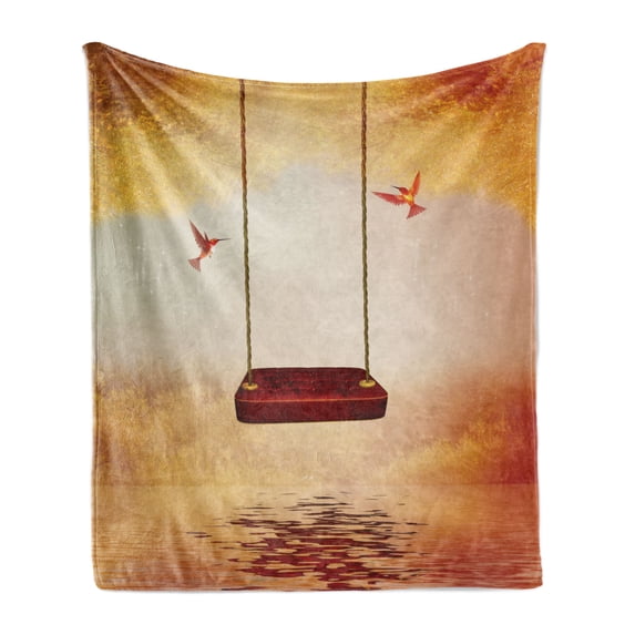 Hummingbirds Soft Flannel Fleece Throw Blanket, Red Hammock and Hummingbird in a Peaceful Lake Fantasy Fairytale Scene, Cozy Plush for Indoor and Outdoor Use, 70" x 90", Orange Burgundy, by Ambesonne