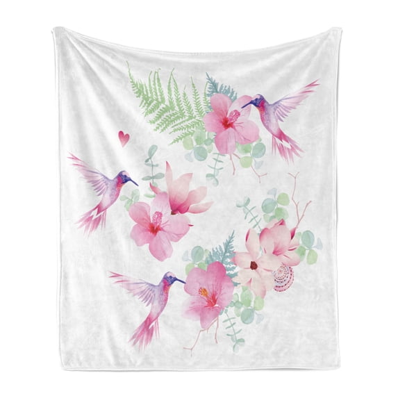 Hummingbirds Soft Flannel Fleece Throw Blanket, Tropical Flowers Flying Avian Animal Theme Wild Nature Blooms, Cozy Plush for Indoor and Outdoor Use, 50" x 60", Pale Green Pale Pink, by Ambesonne