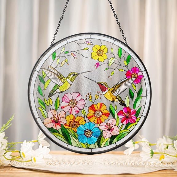 Hummingbirds Stained Glass Acrylic Ornament, Birds Window Hanging, Hummingbird Lovers, Window Hanging, Bird and Wild Flowers, Natural Lover Gift