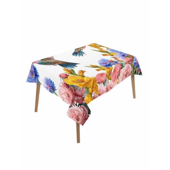 Hummingbirds Table Cloth, Waterproof Tablecloth for Rectangle Tables, Spring Summer Watercolor Flowers Plant Reusable Washable Fabric Table Cover for Restaurant Kitchen Dining Tables 52"x70"