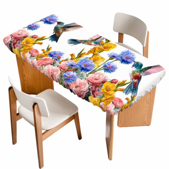 Hummingbirds Table Cloths for 5 Foot Rectangle Tables, Spring Summer Watercolor Flowers Plant Patio Waterproof Elastic Fitted Tablecloths, Washable Rectangular Table Cover for Camping