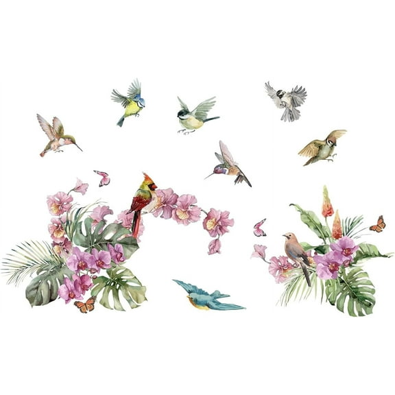 Hummingbirds Wall Stickers Birds Vinyl Decals Butterfly Flowers Colorful Wall Stickers Hummingbird on The Tree Branch Flower Decor for Living Room Bedroom TV Decorations