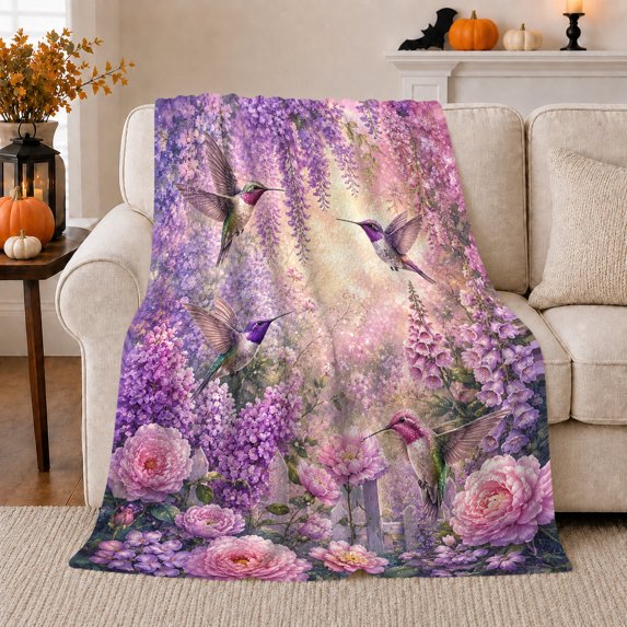 Hummingbirds Wisteria Garden Dreamy Floral Fantasy, Mystical Woodland Scene, Warm Flannel Blanket for Cabin and Lodge, Garden Lovers Housewarming Gift, Fantasy Home Decor