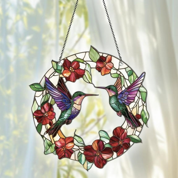 Hummingbirds With Flowers Wreath Acrylic Suncatcher Window Hanging, Hummingbird Ornament, Hummingbird Gift Decoration For Home