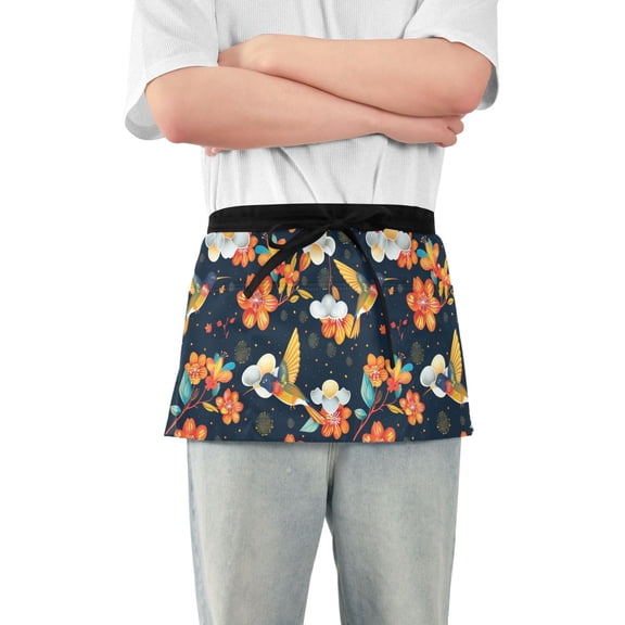 Hummingbirds and Flowers Server Apron with 3 Pockets Waterproof Waitress Waist Short Apron for Man Woman 12 Inches
