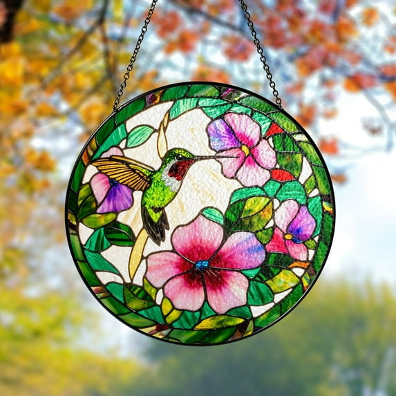 Hummingbirds and Wildflowers Stained Glass Art – Colorful Garden Window Hanging, Gift for Mom or Grandma