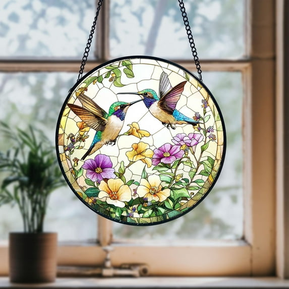 Hummingbirds and Wildflowers Stained Glass Suncatcher Bird Lover Window Hanging Garden and Home Decor Gift