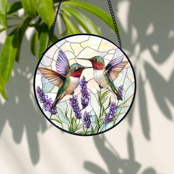 Hummingbirds with Lavender Stained Glass Suncatcher Nature Window Hanging Gift for Bird Lovers