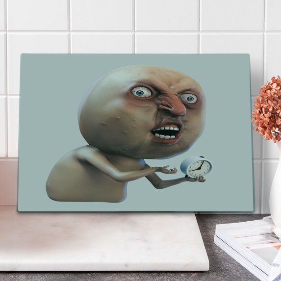 Humor Cutting Board, Why You No Wake Me up Internet Meme with Complaining Oversleep Face and Watch Image Print, Decorative Tempered Glass Cutting and Serving Board, Large Size, Tan, by Ambesonne